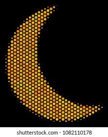 Halftone hexagonal Moon icon. Bright yellow pictogram with honeycomb geometric structure on a black background. Vector mosaic of moon icon combined of honeycomb cells.