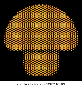 Halftone hexagonal Mushroom icon. Bright yellow pictogram with honeycomb geometric structure on a black background. Vector pattern of mushroom icon composed of hexagonal pixels.
