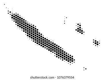 Halftone hexagonal New Caledonia Islands Map. Vector geographical map on a white background. Vector concept of New Caledonia Islands Map constructed of hexagon elements.