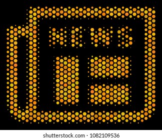 Halftone hexagonal Newspaper icon. Bright gold pictogram with honey comb geometric pattern on a black background. Vector pattern of newspaper icon done of honeycomb items.