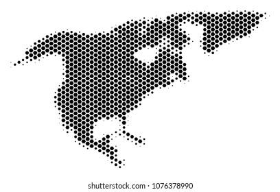 Halftone hexagonal North America Map. Vector geographical map on a white background. Vector concept of North America Map composed of hexagon pixels.