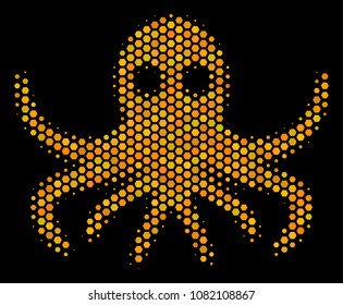 Halftone hexagonal Octopus icon. Bright gold pictogram with honeycomb geometric pattern on a black background. Vector concept of octopus icon done of honeycomb spots.