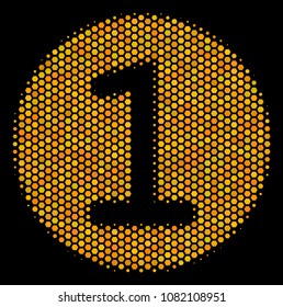 Halftone hexagonal One Coin icon. Bright golden pictogram with honeycomb geometric pattern on a black background. Vector collage of one coin icon done of hexagonal spots.