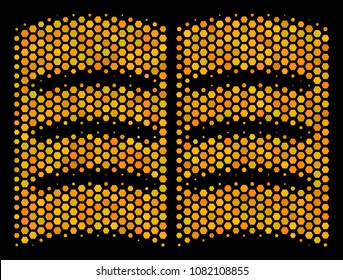 Halftone hexagonal Open Book icon. Bright golden pictogram with honeycomb geometric pattern on a black background. Vector concept of open book icon constructed of hexagon dots.