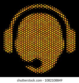 Halftone hexagonal Operator Head icon. Bright yellow pictogram with honeycomb geometric pattern on a black background. Vector concept of operator head icon created of hexagon spots.
