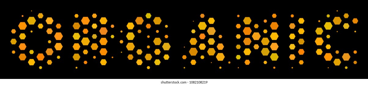 Halftone hexagonal Organic Text icon. Bright gold pictogram with honeycomb geometric structure on a black background. Vector collage of organic text icon done of honeycomb blots.