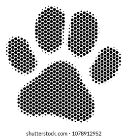 Halftone hexagonal Paw Footprint icon. Pictogram on a white background. Vector mosaic of paw footprint icon designed of hexagonal dots.