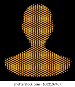 Halftone hexagonal Person icon. Bright gold pictogram with honeycomb geometric pattern on a black background. Vector collage of person icon composed of hexagon spots.