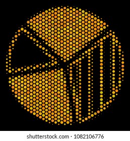 Halftone hexagonal Pie Chart icon. Bright yellow pictogram with honeycomb geometric pattern on a black background. Vector concept of pie chart icon organized of hexagon pixels.