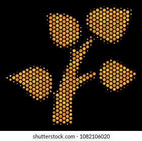 Halftone hexagonal Plant Tree icon. Bright golden pictogram with honeycomb geometric pattern on a black background. Vector collage of plant tree icon constructed of honeycomb pixels.