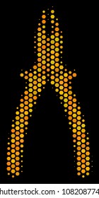 Halftone hexagonal Pliers icon. Bright gold pictogram with honey comb geometric structure on a black background. Vector pattern of pliers icon organized of hexagon blots.