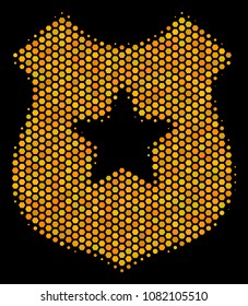 Halftone hexagonal Police Shield icon. Bright gold pictogram with honey comb geometric pattern on a black background. Vector mosaic of police shield icon created of hexagon spots.