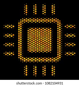 Halftone hexagonal Processor icon. Bright golden pictogram with honey comb geometric structure on a black background. Vector concept of processor icon created of hexagon dots.