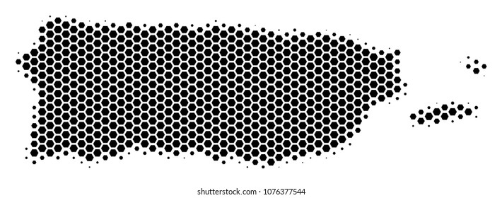 Halftone hexagonal Puerto Rico Map. Vector geographical map on a white background. Vector pattern of Puerto Rico Map created of hexagonal items.