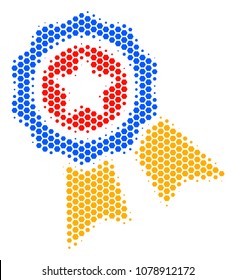 Halftone hexagonal Quality icon. Pictogram on a white background. Vector composition of quality icon organized of hexagonal blots.