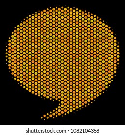 Halftone hexagonal Quote icon. Bright gold pictogram with honeycomb geometric pattern on a black background. Vector concept of quote icon made of hexagon elements.