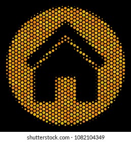 Halftone hexagonal Real Estate icon. Bright yellow pictogram with honeycomb geometric pattern on a black background. Vector pattern of real estate icon combined of hexagonal elements.