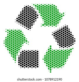 Halftone hexagonal Recycle Arrows icon. Pictogram on a white background. Vector composition of recycle arrows icon combined of hexagonal pixels.