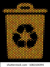 Halftone hexagonal Recycle Bin icon. Bright gold pictogram with honeycomb geometric pattern on a black background. Vector collage of recycle bin icon done of hexagonal spots.