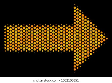 Halftone hexagonal Right Arrow icon. Bright gold pictogram with honey comb geometric pattern on a black background. Vector mosaic of right arrow icon combined of honeycomb blots.