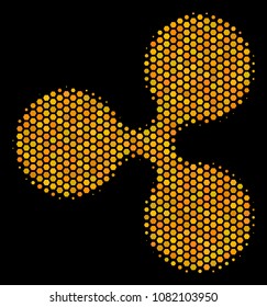 Halftone hexagonal Ripple Currency icon. Bright golden pictogram with honeycomb geometric pattern on a black background. Vector composition of ripple currency icon composed of honeycomb items.