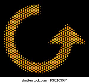 Halftone hexagonal Rotate icon. Bright gold pictogram with honey comb geometric structure on a black background. Vector mosaic of rotate icon designed of hexagonal cells.