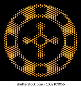 Halftone hexagonal Roulette Casino Chip icon. Bright gold pictogram with honeycomb geometric structure on a black background. Vector pattern of roulette casino chip icon combined of hexagon spots.