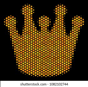 Halftone hexagonal Royal icon. Bright gold pictogram with honey comb geometric pattern on a black background. Vector pattern of royal icon composed of honeycomb spots.