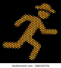 Halftone hexagonal Running Gentleman icon. Bright golden pictogram with honeycomb geometric structure on a black background. Vector mosaic of running gentleman icon done of honeycomb cells.