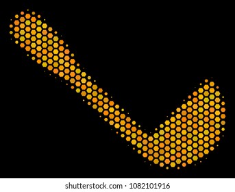 Halftone hexagonal Scoop icon. Bright golden pictogram with honey comb geometric pattern on a black background. Vector composition of scoop icon organized of honeycomb pixels.