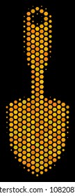 Halftone hexagonal Scoop Shovel icon. Bright golden pictogram with honeycomb geometric structure on a black background. Vector composition of scoop shovel icon done of hexagon elements.