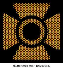 Halftone hexagonal Searchlight icon. Bright yellow pictogram with honey comb geometric pattern on a black background. Vector mosaic of searchlight icon made of hexagon elements.