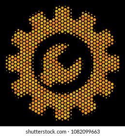 Halftone hexagonal Service Tools icon. Bright golden pictogram with honeycomb geometric pattern on a black background. Vector collage of service tools icon composed of hexagon dots.