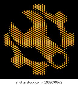 Halftone hexagonal Service Tools icon. Bright gold pictogram with honeycomb geometric pattern on a black background. Vector pattern of service tools icon done of hexagonal elements.