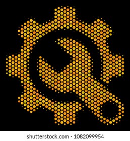 Halftone hexagonal Service Tools icon. Bright gold pictogram with honey comb geometric pattern on a black background. Vector collage of service tools icon composed of hexagonal dots.