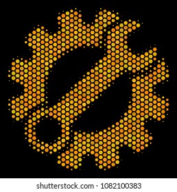 Halftone hexagonal Service Tools icon. Bright yellow pictogram with honey comb geometric structure on a black background. Vector composition of service tools icon organized of honeycomb spots.