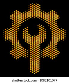 Halftone hexagonal Service Tools icon. Bright gold pictogram with honeycomb geometric structure on a black background. Vector concept of service tools icon done of honeycomb items.