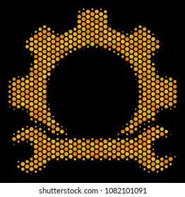 Halftone hexagonal Service Tools icon. Bright gold pictogram with honeycomb geometric pattern on a black background. Vector mosaic of service tools icon composed of hexagon pixels.