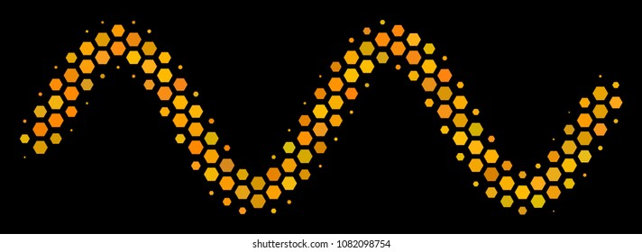 Halftone hexagonal Sinusoid Wave icon. Bright yellow pictogram with honey comb geometric structure on a black background. Vector collage of sinusoid wave icon done of hexagon items.