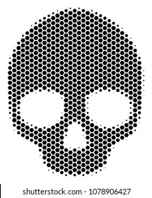 Halftone hexagonal Skull icon. Pictogram on a white background. Vector collage of skull icon composed of hexagon blots.