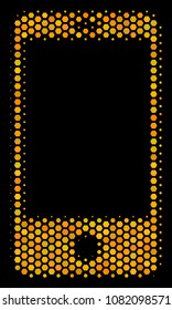 Halftone hexagonal Smartphone icon. Bright yellow pictogram with honey comb geometric structure on a black background. Vector pattern of smartphone icon organized of hexagonal items.