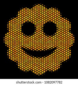 Halftone hexagonal Smiled Sticker icon. Bright gold pictogram with honey comb geometric pattern on a black background. Vector composition of smiled sticker icon created of hexagon dots.