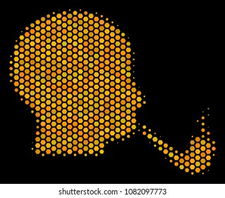 Halftone hexagonal Smoking Detective icon. Bright gold pictogram with honeycomb geometric structure on a black background. Vector collage of smoking detective icon created of honeycomb elements.