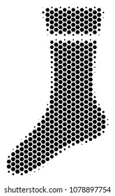 Halftone hexagonal Sock icon. Pictogram on a white background. Vector concept of sock icon designed of hexagon blots.