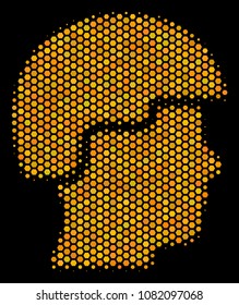 Halftone hexagonal Soldier Helmet icon. Bright yellow pictogram with honeycomb geometric structure on a black background. Vector mosaic of soldier helmet icon created of hexagon elements.