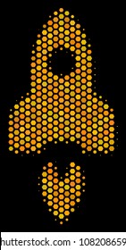 Halftone hexagonal Space Rocket icon. Bright yellow pictogram with honeycomb geometric pattern on a black background. Vector concept of space rocket icon done of honeycomb dots.