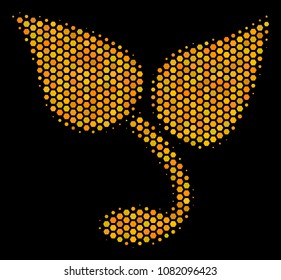 Halftone hexagonal Sprout icon. Bright golden pictogram with honeycomb geometric structure on a black background. Vector composition of sprout icon organized of hexagonal items.
