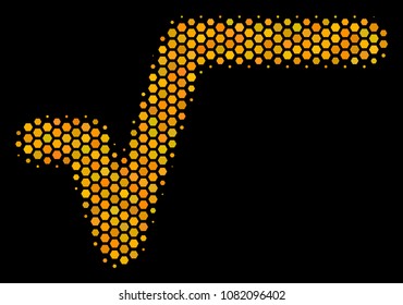 Halftone hexagonal Sqrt icon. Bright gold pictogram with honeycomb geometric structure on a black background. Vector concept of sqrt icon composed of honeycomb dots.