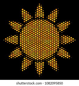 Halftone hexagonal Sun icon. Bright yellow pictogram with honeycomb geometric pattern on a black background. Vector collage of sun icon made of hexagon pixels.