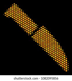 Halftone hexagonal Surgery Knife icon. Bright golden pictogram with honey comb geometric structure on a black background. Vector composition of surgery knife icon composed of honeycomb blots.